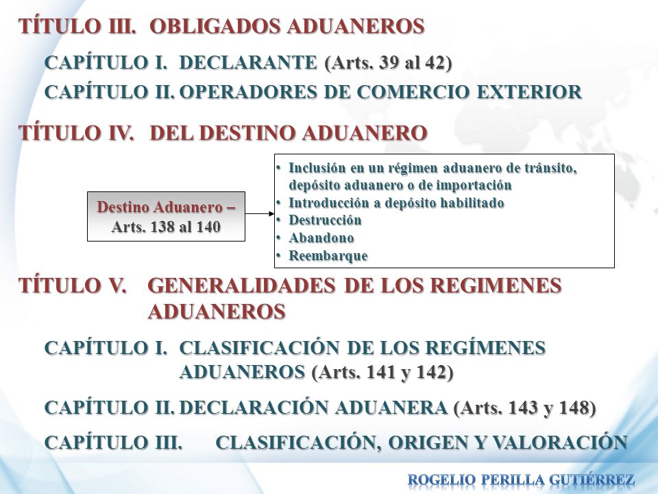 Destino Aduanero – Arts. 138 al 140 Rogelio Perilla Gutiérrez