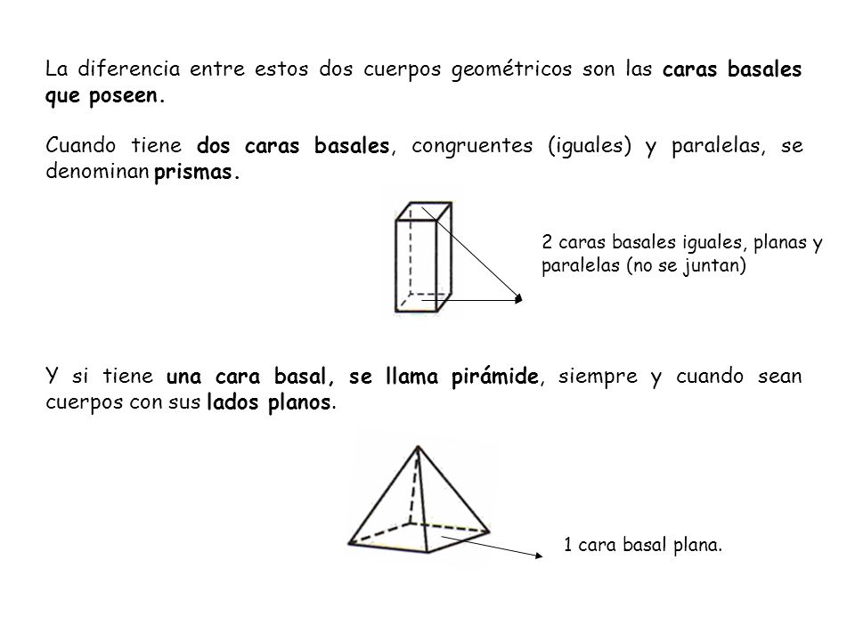 La diferencia entre estos dos cuerpos geométricos son las caras basales que poseen.