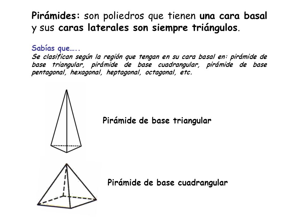 Pirámides: son poliedros que tienen una cara basal y sus caras laterales son siempre triángulos.