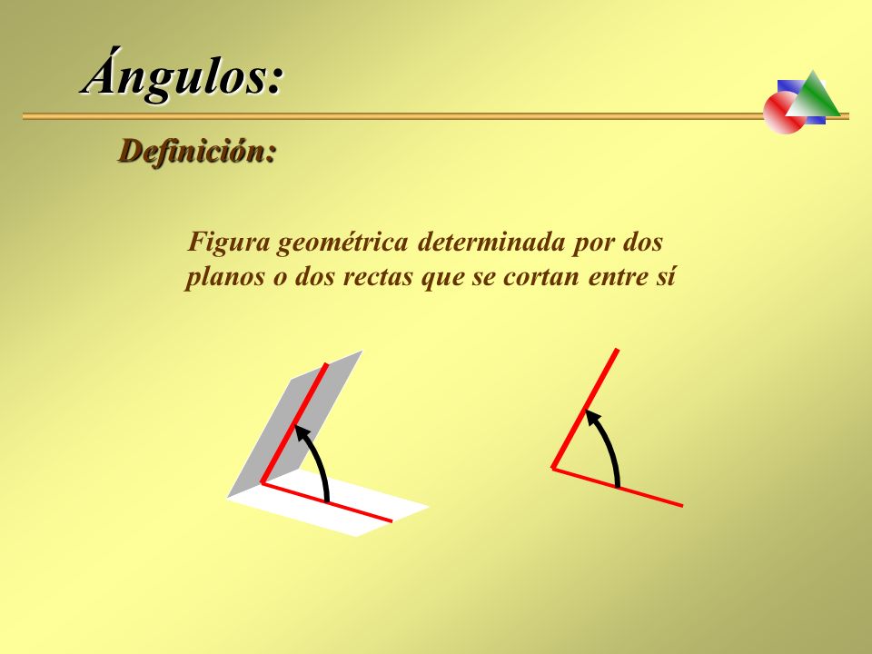 Ángulos: Definición: Figura geométrica determinada por dos planos o dos rectas que se cortan entre sí.