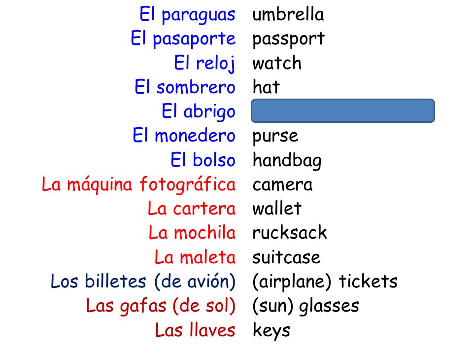 El paraguas El pasaporte El reloj El sombrero El abrigo El monedero El bolso La máquina fotográfica La cartera La mochila La maleta Los billetes (de avión) Las gafas (de sol) Las llaves