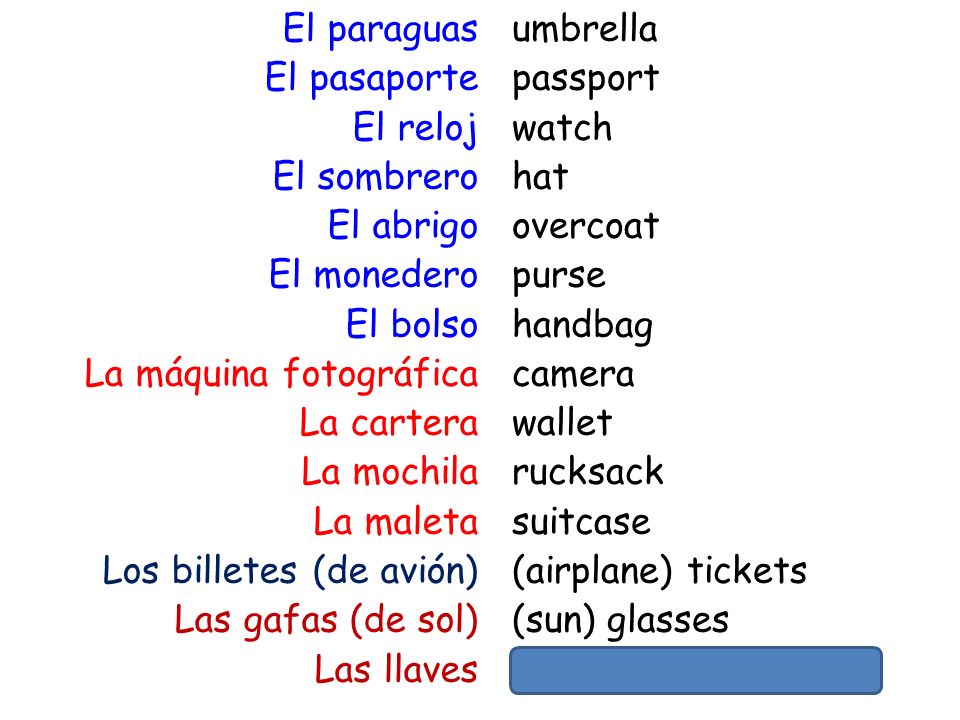 El paraguas El pasaporte El reloj El sombrero El abrigo El monedero El bolso La máquina fotográfica La cartera La mochila La maleta Los billetes (de avión) Las gafas (de sol) Las llaves