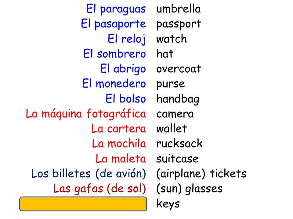 El paraguas El pasaporte El reloj El sombrero El abrigo El monedero El bolso La máquina fotográfica La cartera La mochila La maleta Los billetes (de avión) Las gafas (de sol) Las llaves