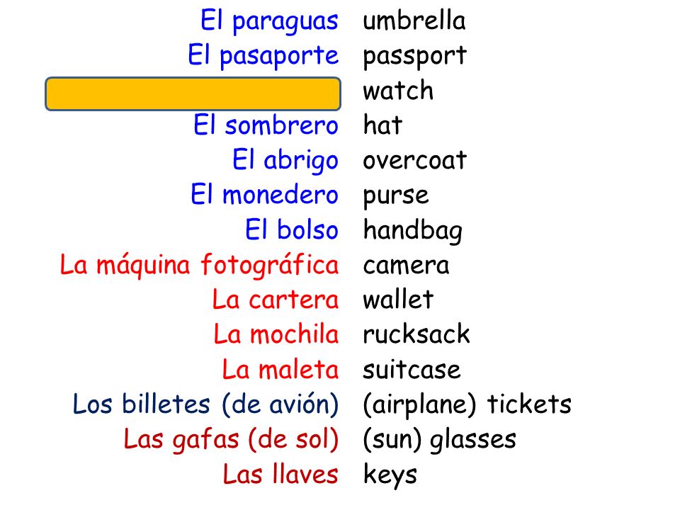 El paraguas El pasaporte El reloj El sombrero El abrigo El monedero El bolso La máquina fotográfica La cartera La mochila La maleta Los billetes (de avión) Las gafas (de sol) Las llaves