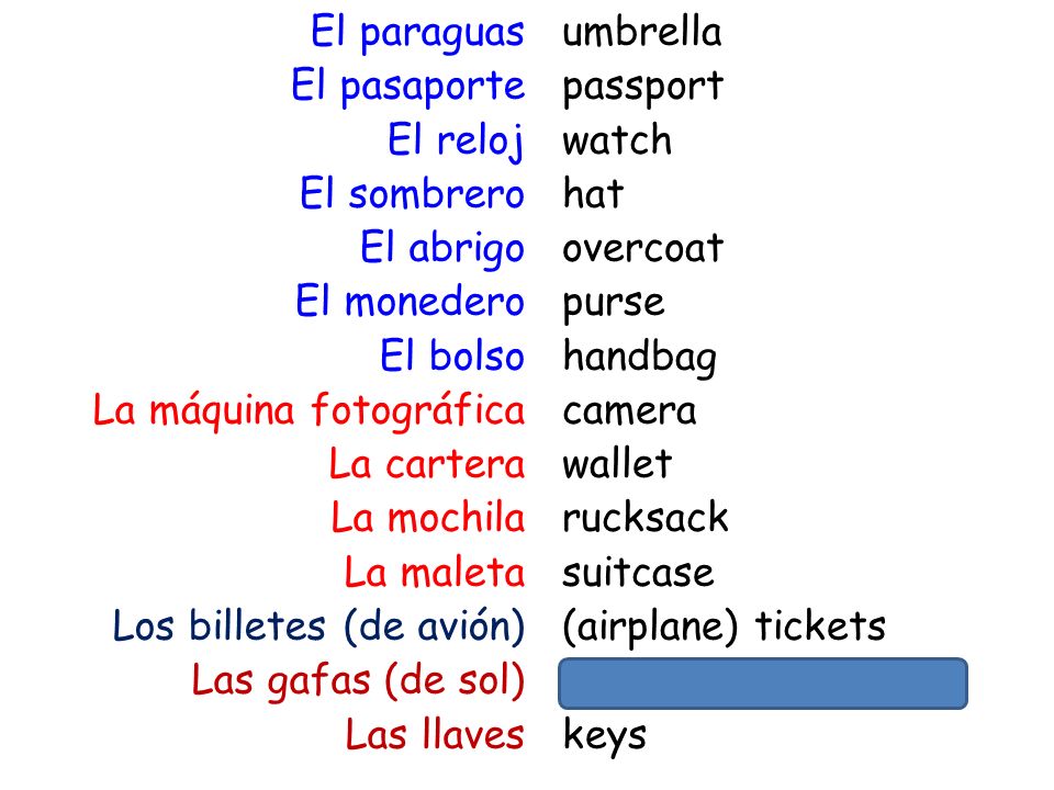 El paraguas El pasaporte El reloj El sombrero El abrigo El monedero El bolso La máquina fotográfica La cartera La mochila La maleta Los billetes (de avión) Las gafas (de sol) Las llaves