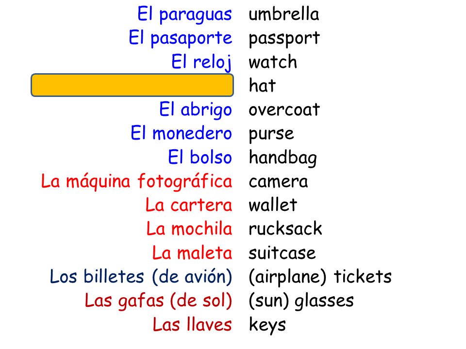 El paraguas El pasaporte El reloj El sombrero El abrigo El monedero El bolso La máquina fotográfica La cartera La mochila La maleta Los billetes (de avión) Las gafas (de sol) Las llaves