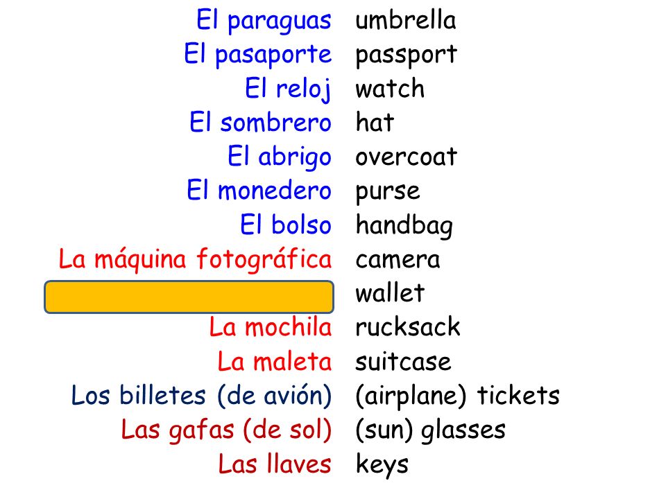 El paraguas El pasaporte El reloj El sombrero El abrigo El monedero El bolso La máquina fotográfica La cartera La mochila La maleta Los billetes (de avión) Las gafas (de sol) Las llaves