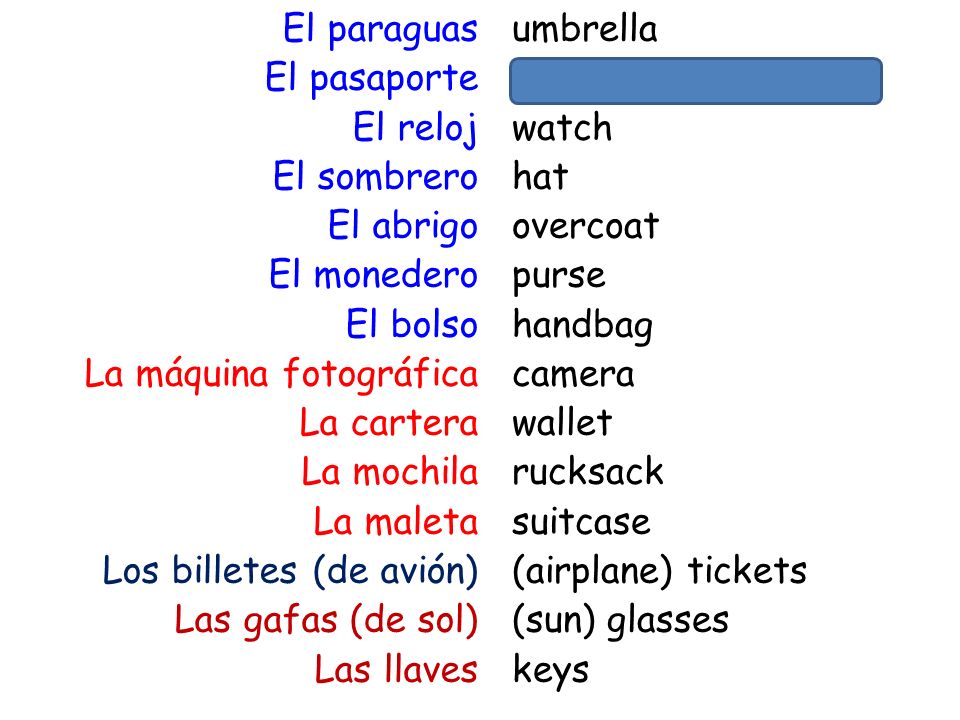 El paraguas El pasaporte El reloj El sombrero El abrigo El monedero El bolso La máquina fotográfica La cartera La mochila La maleta Los billetes (de avión) Las gafas (de sol) Las llaves