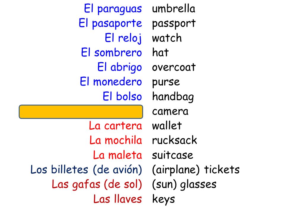 El paraguas El pasaporte El reloj El sombrero El abrigo El monedero El bolso La máquina fotográfica La cartera La mochila La maleta Los billetes (de avión) Las gafas (de sol) Las llaves
