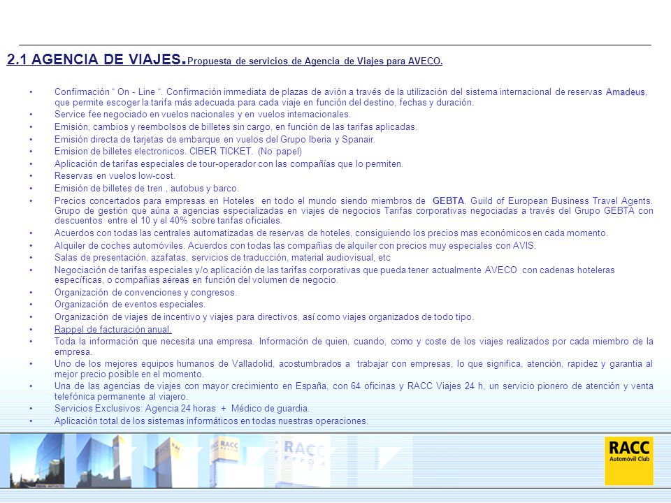 2.1 AGENCIA DE VIAJES.Propuesta de servicios de Agencia de Viajes para AVECO.