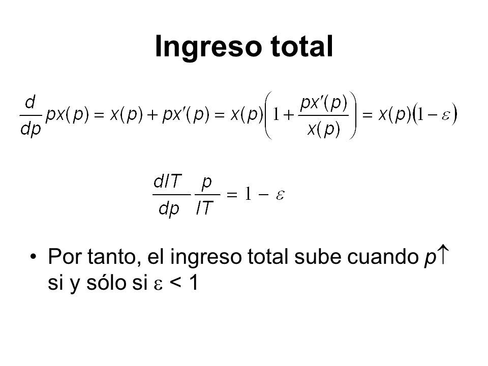 Ingreso total Por tanto, el ingreso total sube cuando p si y sólo si  < 1
