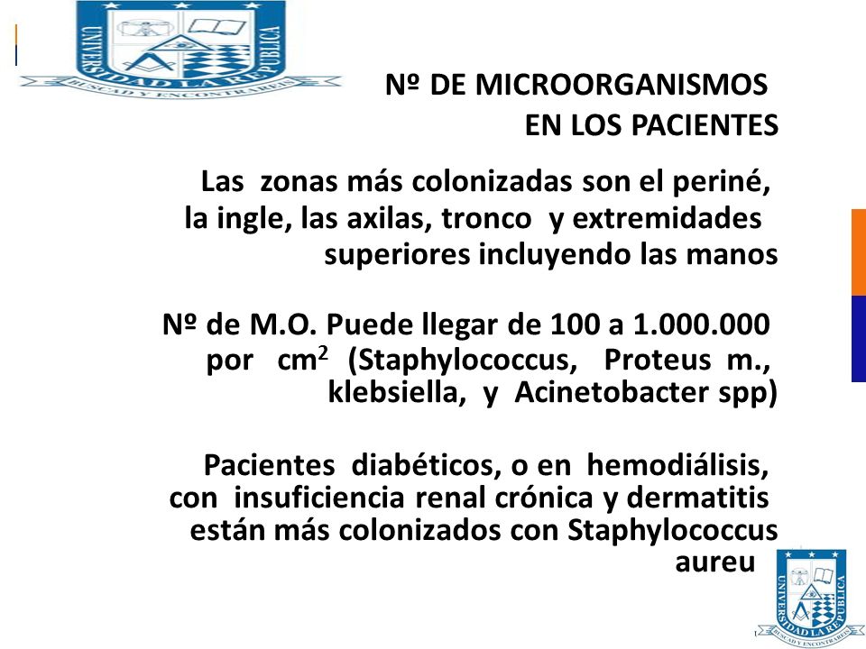 Nº DE MICROORGANISMOS EN LOS PACIENTES. Las zonas más colonizadas son el periné, la ingle, las axilas, tronco y extremidades.