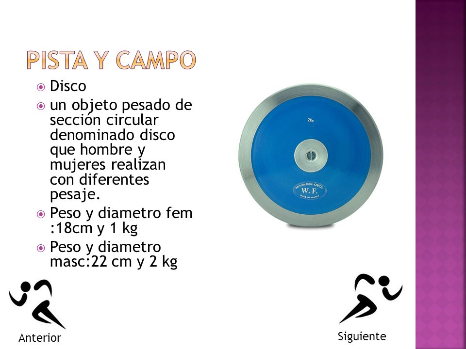 PISTA Y CAMPO Disco. un objeto pesado de sección circular denominado disco que hombre y mujeres realizan con diferentes pesaje.