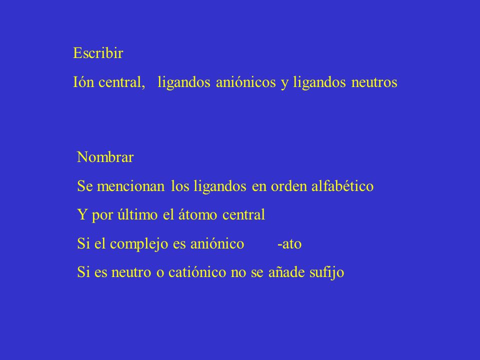 Escribir Ión central, ligandos aniónicos y ligandos neutros. Nombrar. Se mencionan los ligandos en orden alfabético.