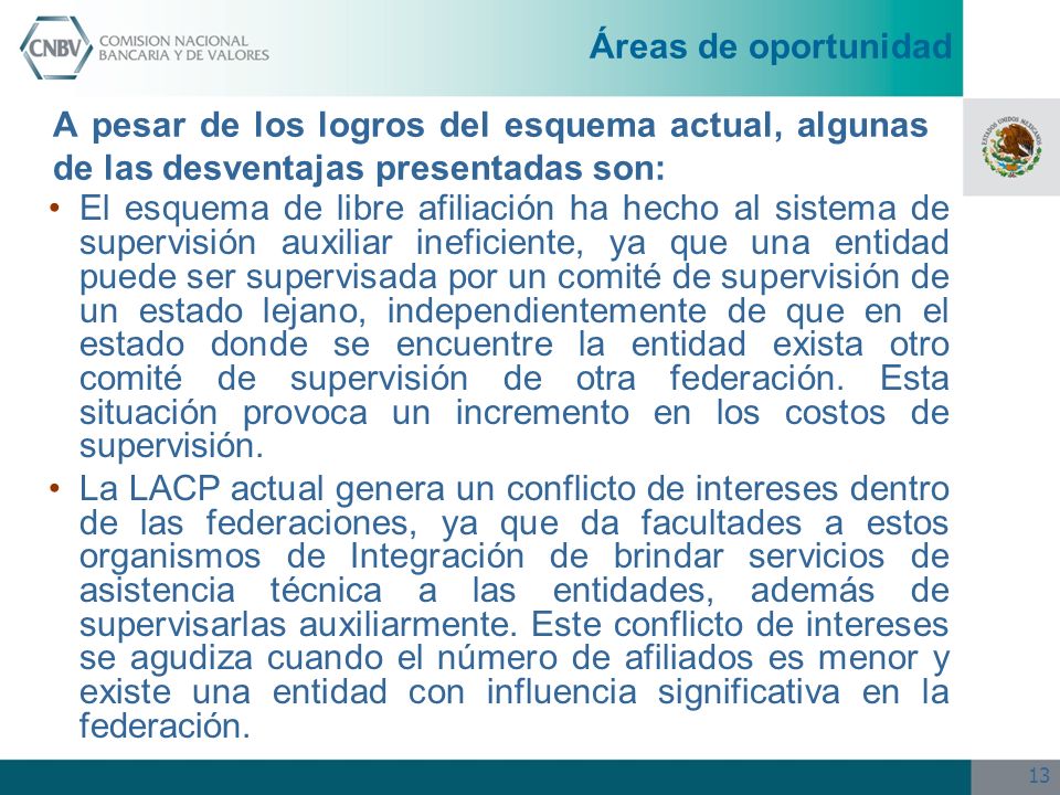 Áreas de oportunidad A pesar de los logros del esquema actual, algunas de las desventajas presentadas son: