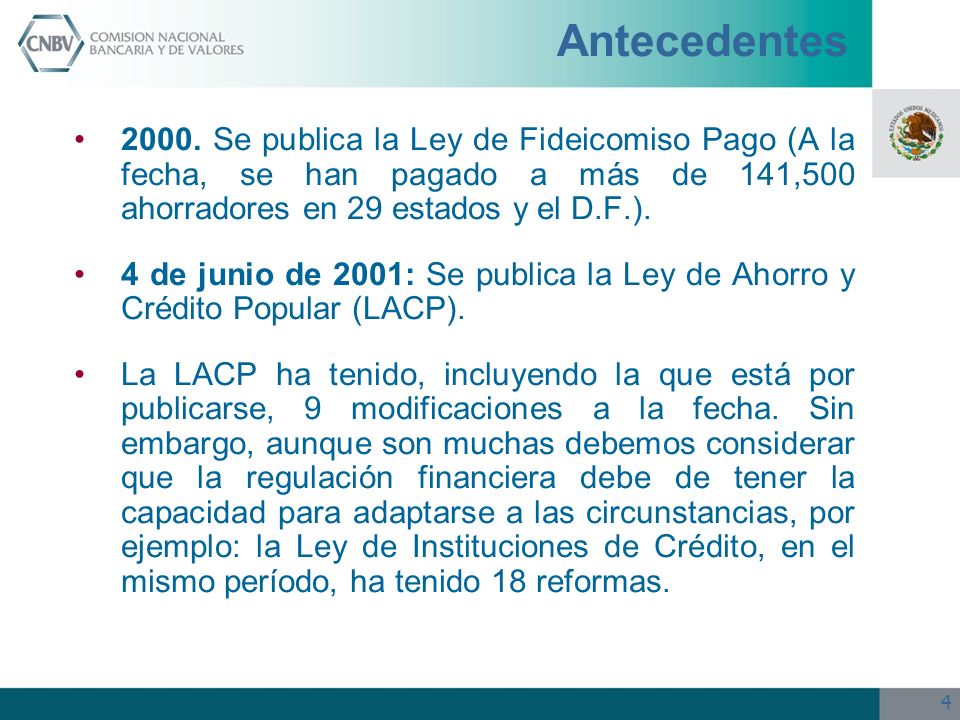 Antecedentes Se publica la Ley de Fideicomiso Pago (A la fecha, se han pagado a más de 141,500 ahorradores en 29 estados y el D.F.).