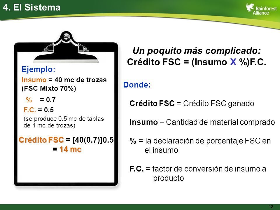 Un poquito más complicado: Crédito FSC = (Insumo X %)F.C.