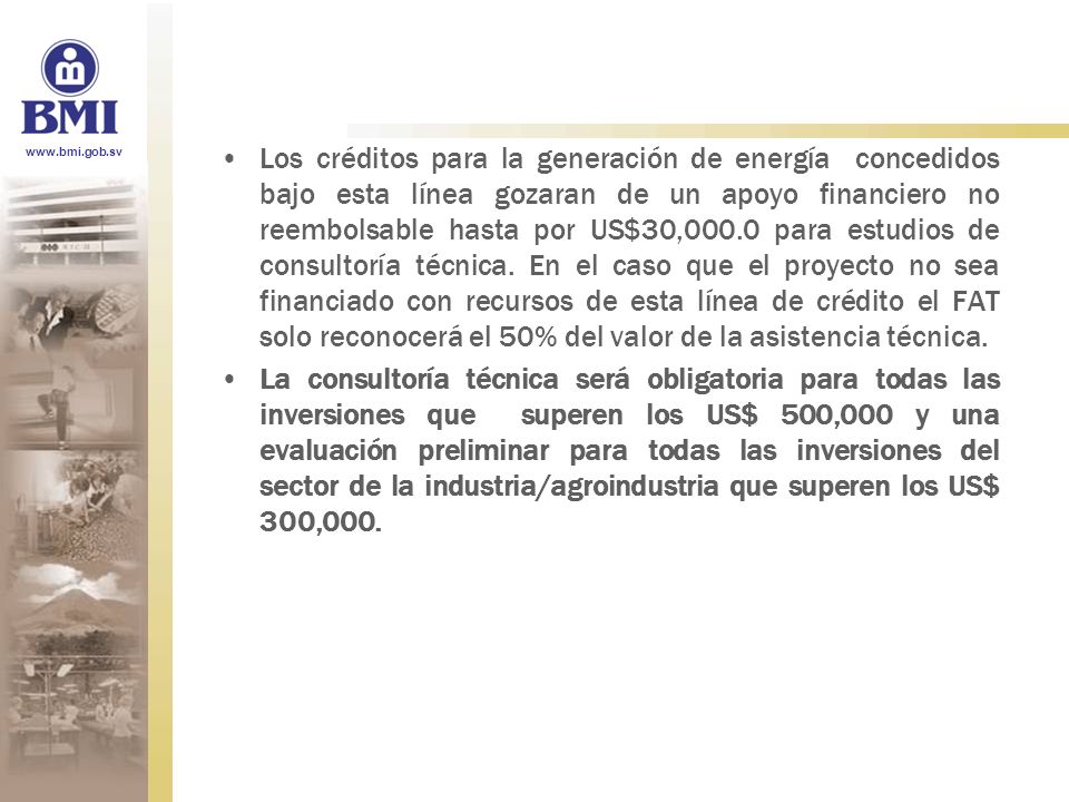 Los créditos para la generación de energía concedidos bajo esta línea gozaran de un apoyo financiero no reembolsable hasta por US$30,000.0 para estudios de consultoría técnica. En el caso que el proyecto no sea financiado con recursos de esta línea de crédito el FAT solo reconocerá el 50% del valor de la asistencia técnica.