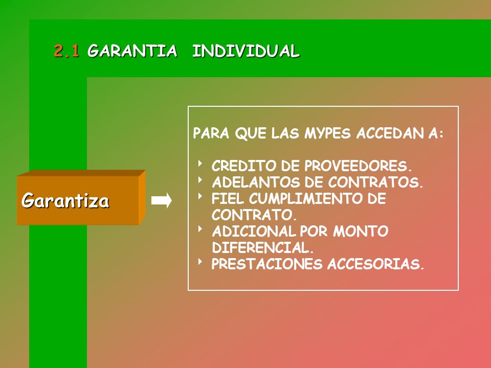 Garantiza 2.1 GARANTIA INDIVIDUAL PARA QUE LAS MYPES ACCEDAN A: