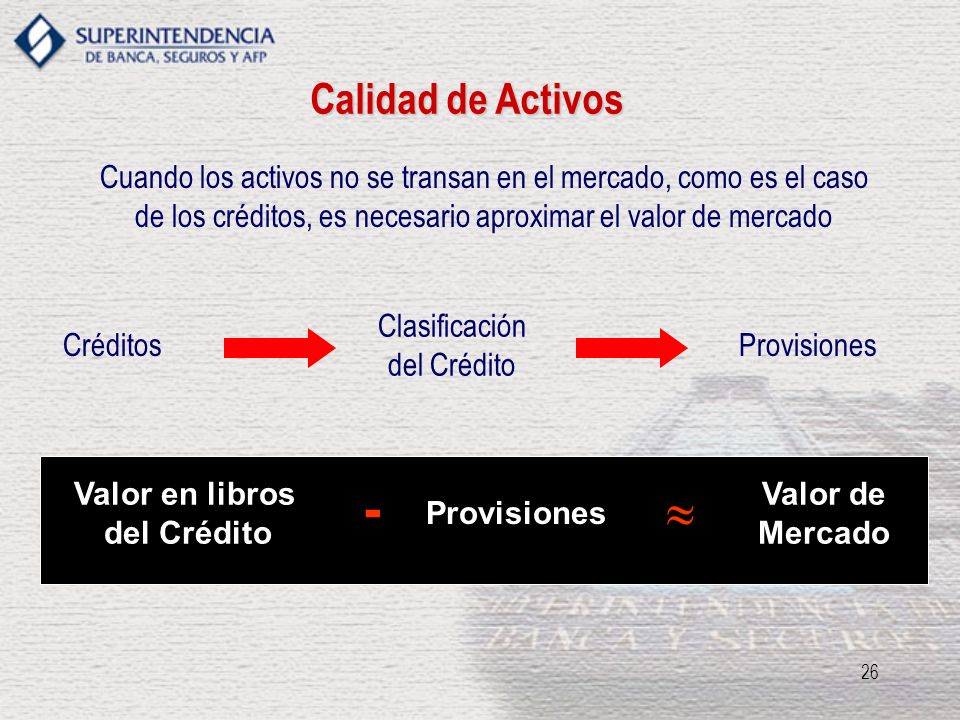 Calidad de Activos Cuando los activos no se transan en el mercado, como es el caso de los créditos, es necesario aproximar el valor de mercado.