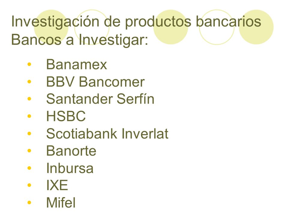 Investigación de productos bancarios Bancos a Investigar: