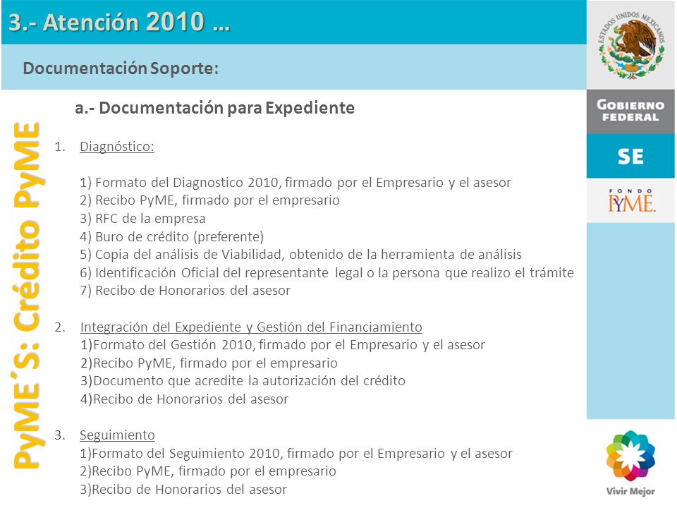 PyME´S: Crédito PyME 3.- Atención 2010 … Documentación Soporte: