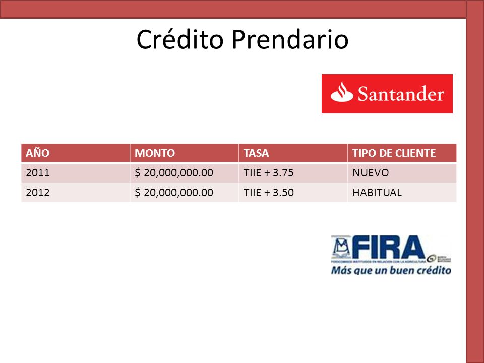 Crédito Prendario AÑO MONTO TASA TIPO DE CLIENTE 2011 $ 20,000,000.00