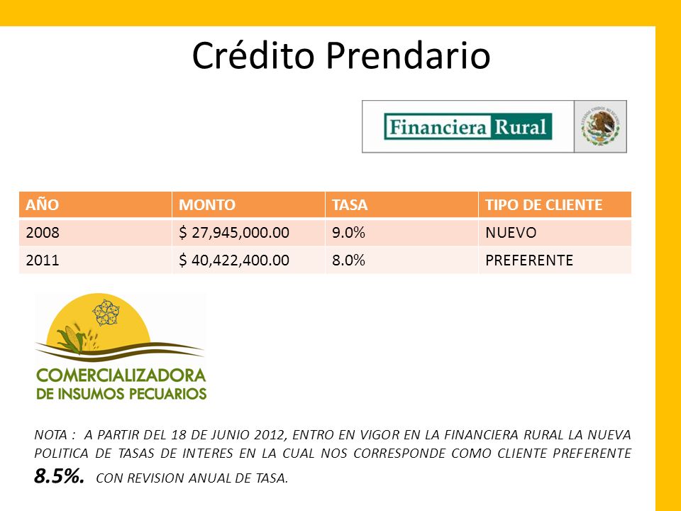 Crédito Prendario AÑO MONTO TASA TIPO DE CLIENTE 2008 $ 27,945,000.00