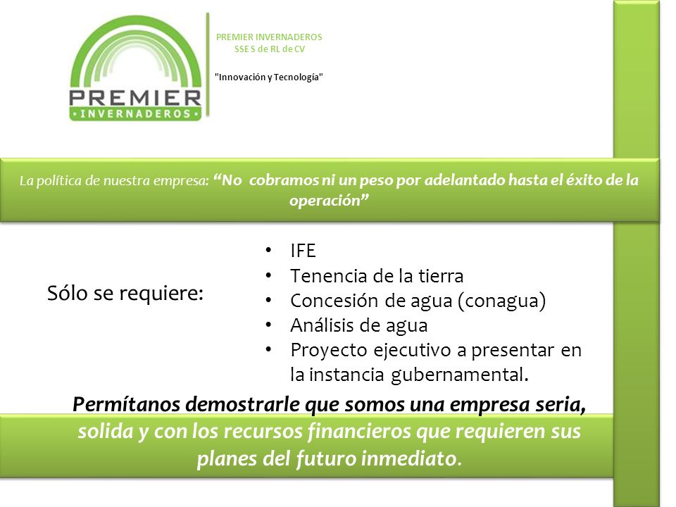 PREMIER INVERNADEROS SSE S de RL de CV Innovación y Tecnología