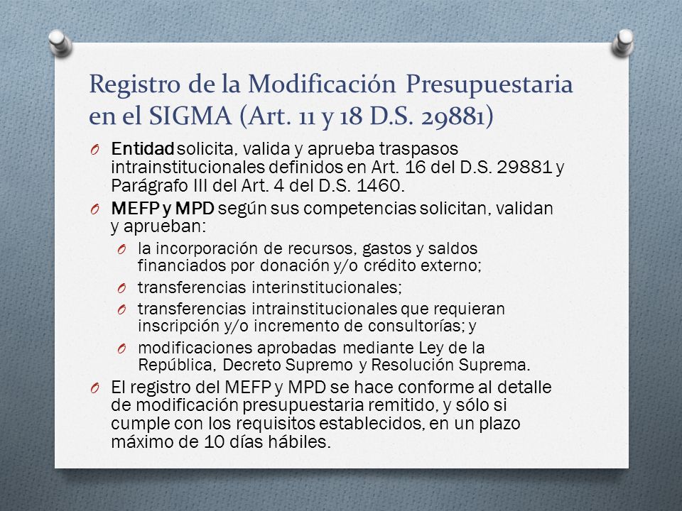 Registro de la Modificación Presupuestaria en el SIGMA (Art. 11 y 18 D