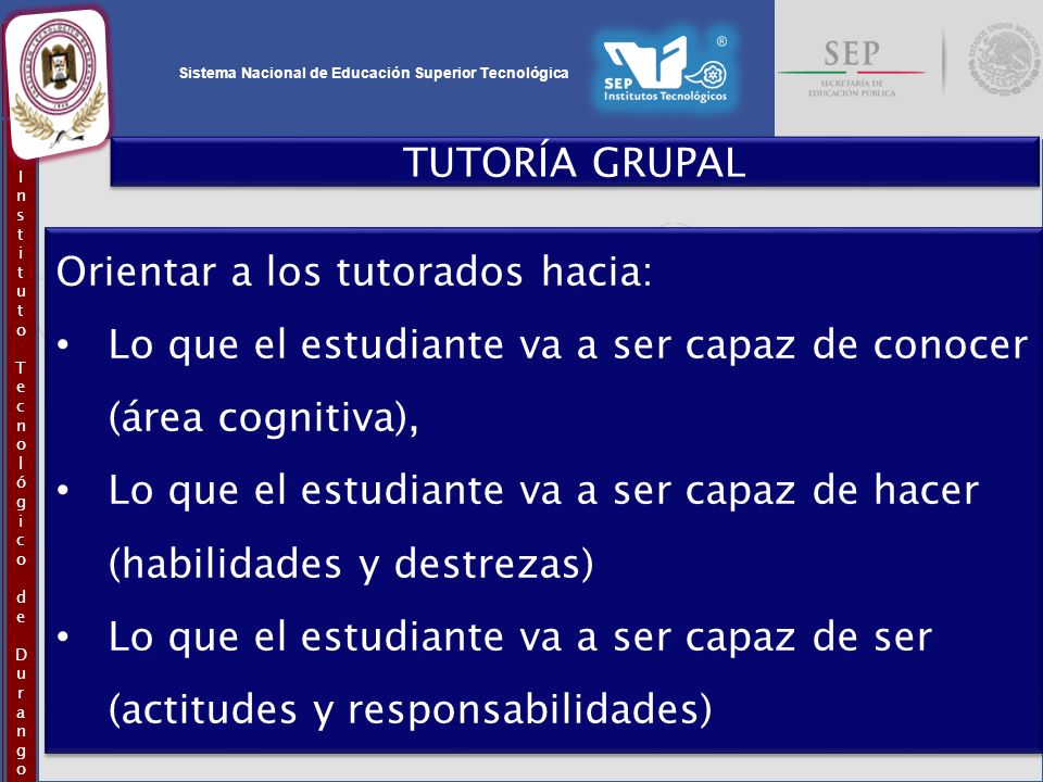 TUTORÍA GRUPAL Orientar a los tutorados hacia: Lo que el estudiante va a ser capaz de conocer (área cognitiva),