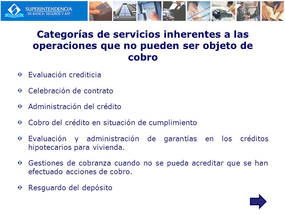 Categorías de servicios inherentes a las operaciones que no pueden ser objeto de cobro