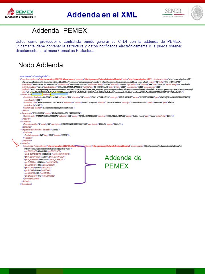 Addenda en el XML Addenda PEMEX Nodo Addenda Addenda de PEMEX