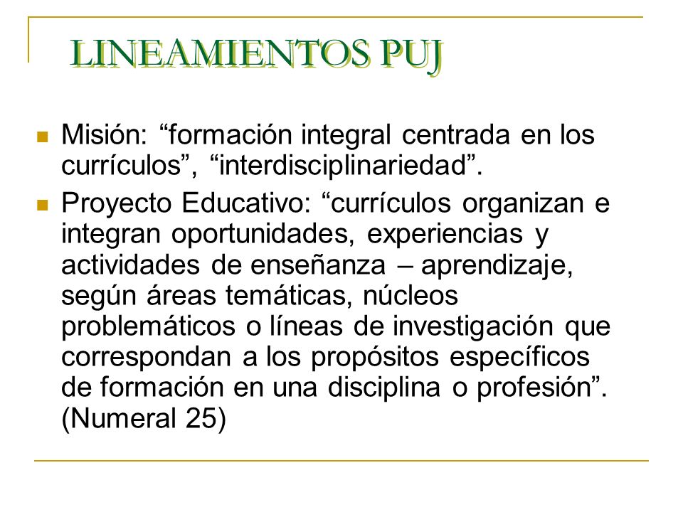 LINEAMIENTOS PUJ Misión: formación integral centrada en los currículos , interdisciplinariedad .