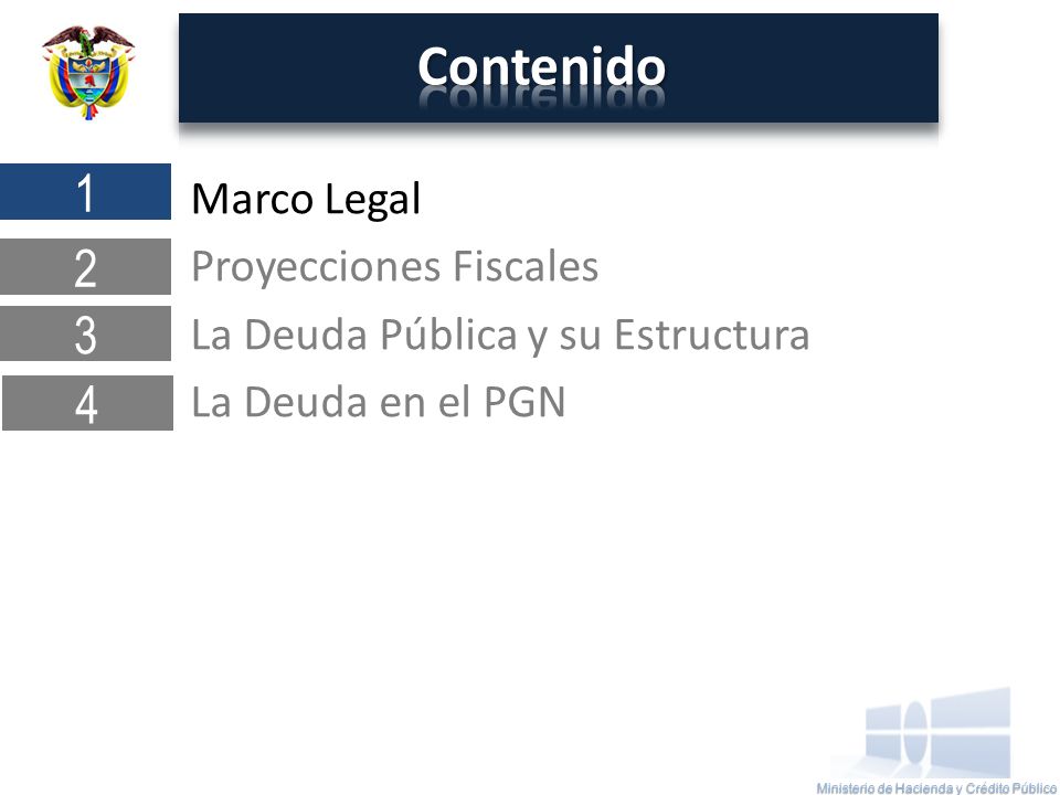 Contenido 1. Marco Legal Proyecciones Fiscales La Deuda Pública y su Estructura La Deuda en el PGN