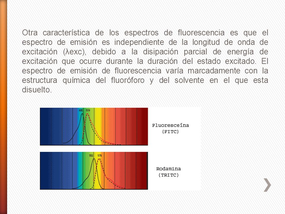Otra característica de los espectros de fluorescencia es que el espectro de emisión es independiente de la longitud de onda de excitación (λexc), debido a la disipación parcial de energía de excitación que ocurre durante la duración del estado excitado.