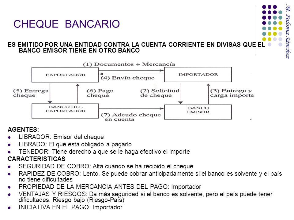 CHEQUE BANCARIO ES EMITIDO POR UNA ENTIDAD CONTRA LA CUENTA CORRIENTE EN DIVISAS QUE EL BANCO EMISOR TIENE EN OTRO BANCO.