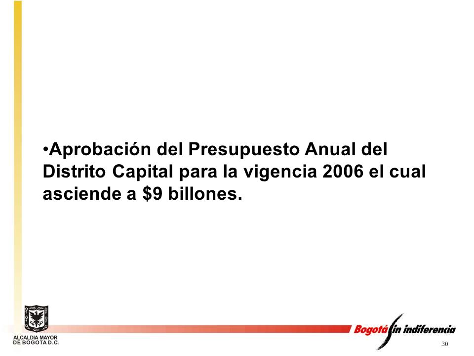 Aprobación del Presupuesto Anual del Distrito Capital para la vigencia 2006 el cual asciende a $9 billones.