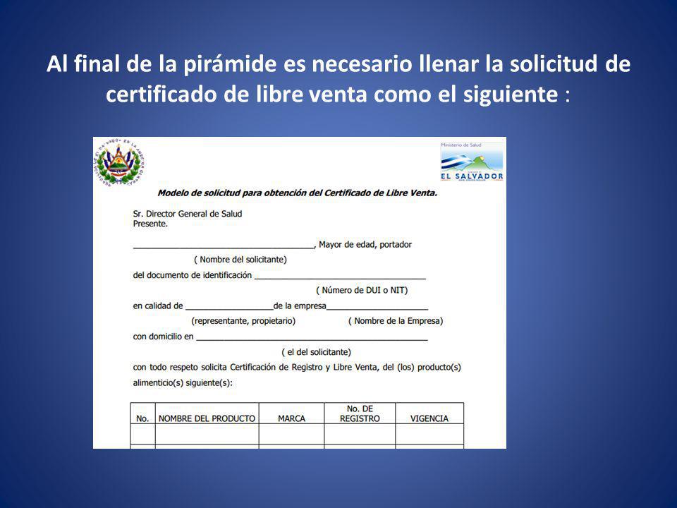 Al final de la pirámide es necesario llenar la solicitud de certificado de libre venta como el siguiente :