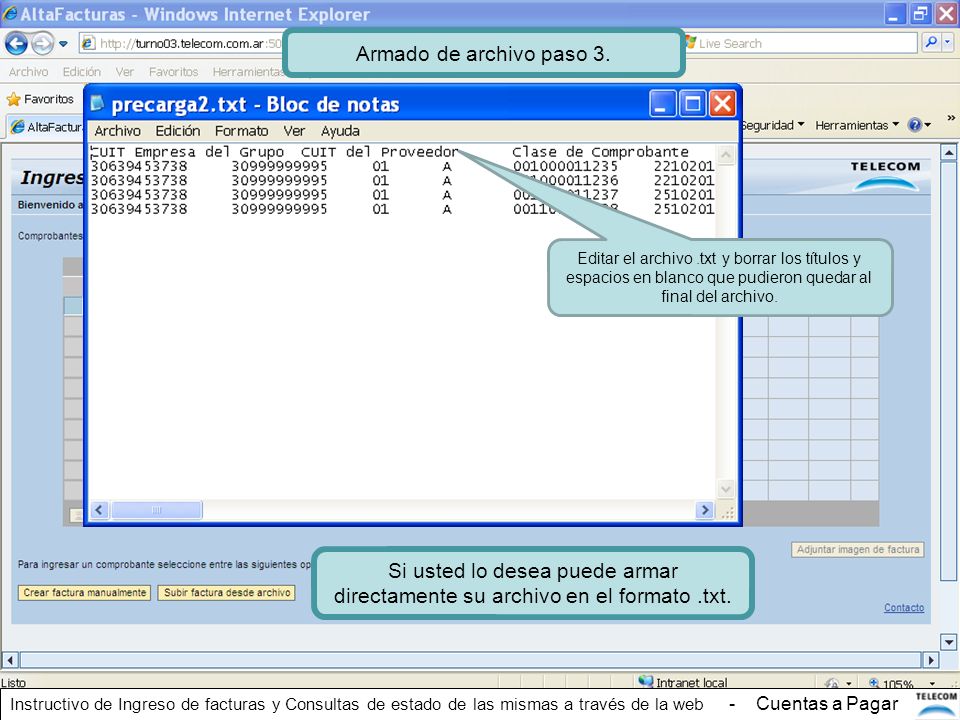 Armado de archivo paso 3. Editar el archivo .txt y borrar los títulos y espacios en blanco que pudieron quedar al final del archivo.