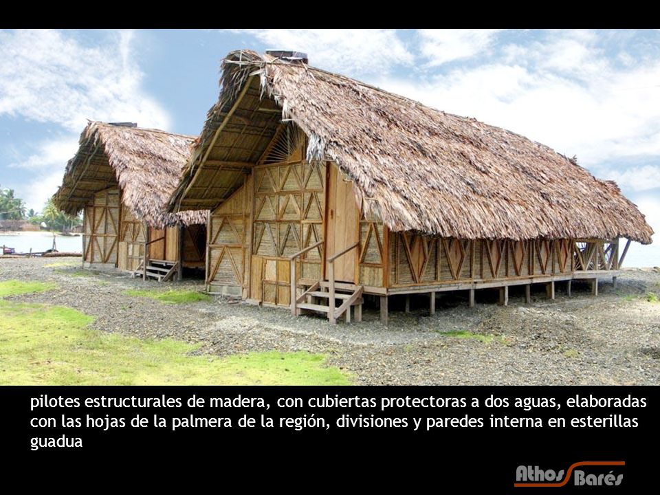 pilotes estructurales de madera, con cubiertas protectoras a dos aguas, elaboradas con las hojas de la palmera de la región, divisiones y paredes interna en esterillas guadua