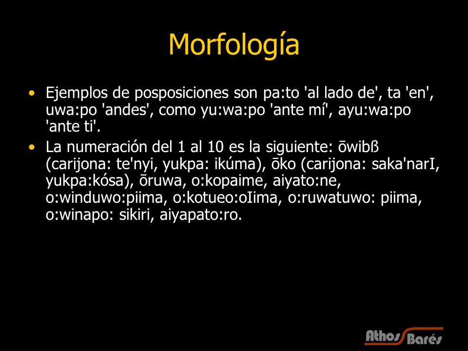 Morfología Ejemplos de posposiciones son pa:to al lado de , ta en , uwa:po andes , como yu:wa:po ante mí , ayu:wa:po ante ti .