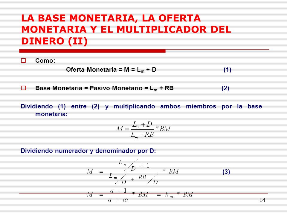 Oferta Monetaria = M = Lm + D (1)