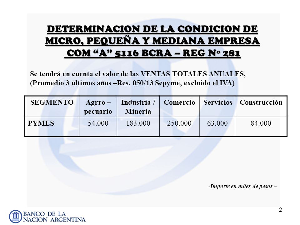 DETERMINACION DE LA CONDICION DE MICRO, PEQUEÑA Y MEDIANA EMPRESA COM A 5116 BCRA – REG Nº 281