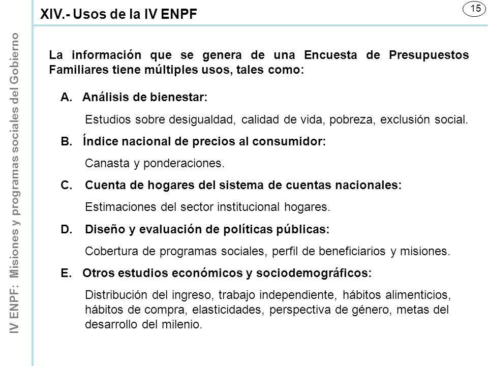 XIV.- Usos de la IV ENPF La información que se genera de una Encuesta de Presupuestos Familiares tiene múltiples usos, tales como: