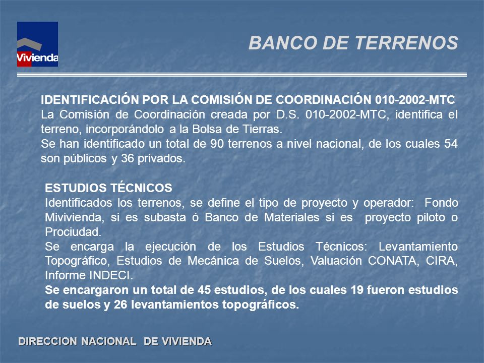 BANCO DE TERRENOS IDENTIFICACIÓN POR LA COMISIÓN DE COORDINACIÓN MTC.