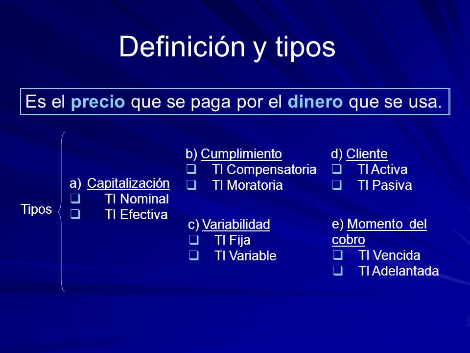 Definición y tipos Es el precio que se paga por el dinero que se usa.