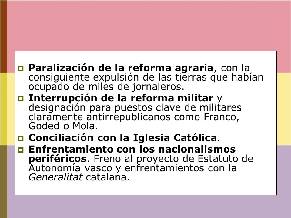Paralización de la reforma agraria, con la consiguiente expulsión de las tierras que habían ocupado de miles de jornaleros.