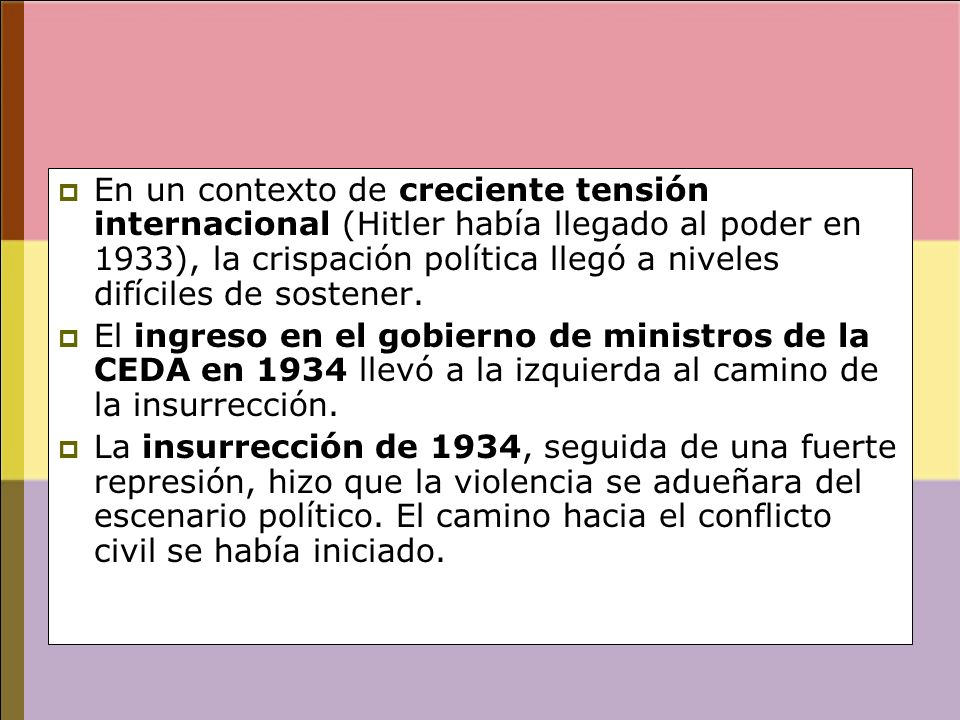 En un contexto de creciente tensión internacional (Hitler había llegado al poder en 1933), la crispación política llegó a niveles difíciles de sostener.