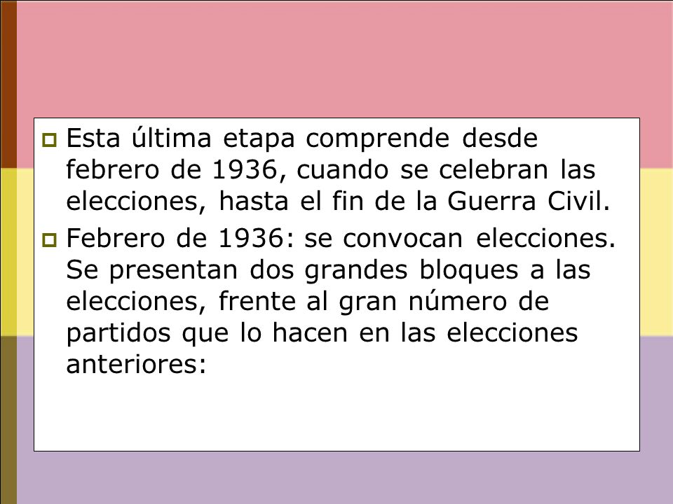 Esta última etapa comprende desde febrero de 1936, cuando se celebran las elecciones, hasta el fin de la Guerra Civil.
